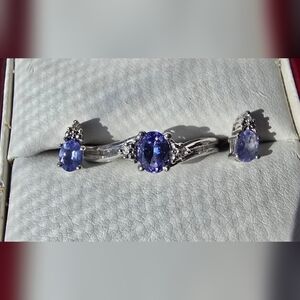 Tanzanite And Diamond In 10k White Gold Ring And Stud Earring Set
